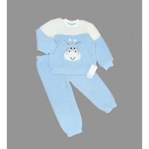 1-2-3 Yaş Ponponlu Zürafa Desenli Kuzu Kumaş Uzun Kollu 2li Kız Erkek Çocuk Takımı Mavi