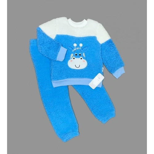 1-2-3 Yaş Ponponlu Zürafa Desenli Kuzu Kumaş Uzun Kollu 2li Kız Erkek Çocuk Takımı Saks Mavisi