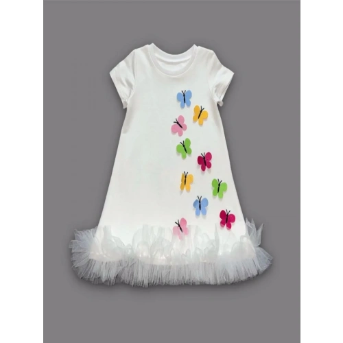 1-2-3 Yaş Renkli Kelebekler Nakışlı Eteği Fırfırlı Jile Çocuk Elbisesi Beyaz