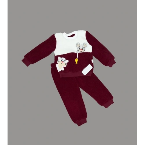 1-2-3 Yaş Sallanan Balık Nakışlı Kuzu Kumaş Sweat Pantolon Uzun Kollu Kız Erkek 2 Li Takımı Bordo