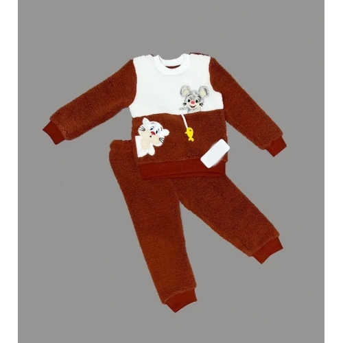 1-2-3 Yaş Sallanan Balık Nakışlı Kuzu Kumaş Sweat Pantolon Uzun Kollu Kız Erkek 2 Li Takımı Kahverengi