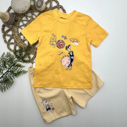 1-2-3 Yaş Topçu Erkek Çocuk Baskılı Şortlu Kısa Kollu Tişört 2li Erkek Bebek Takımı Sarı
