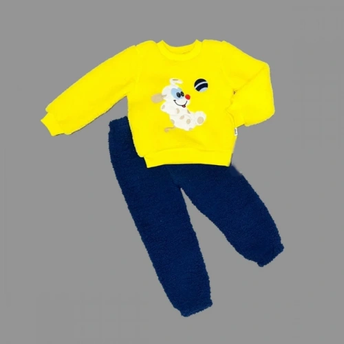 1-2-3 Yaş Toplu Köpek Nakışlı Kuzu Kumaş Sweat Pantolonlu Uzun Kollu Kız Erkek Bebek Takımı Sarı