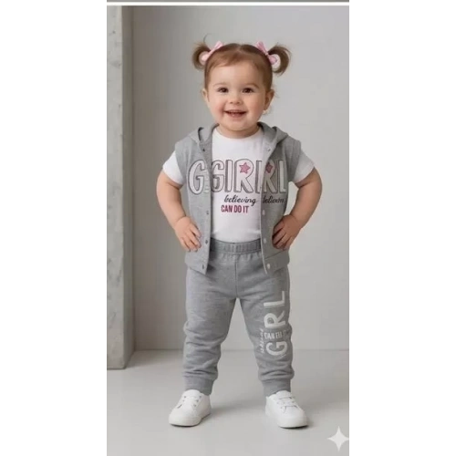 1/4 Yaş Girl Baskılı Yelekli 3lü Çocuk Takımı