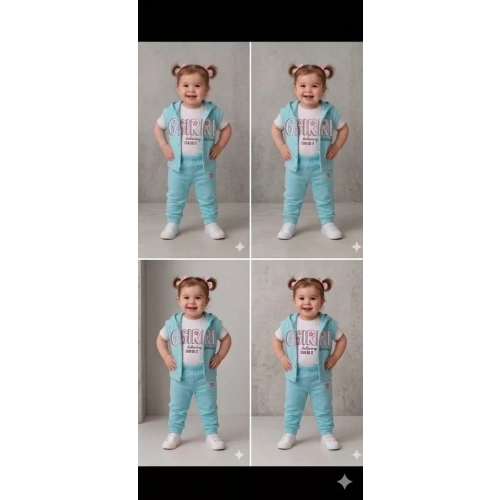 1/4 Yaş Girl Baskılı Yelekli 3lü Çocuk Takımı