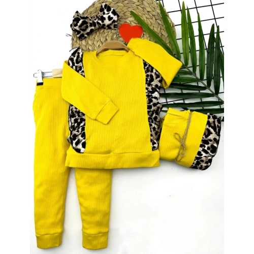 2-3-4-5 Yaş Bandanalı Leopar Baskılı Uzun Kollu 2li Kız Çocuk Takımı Sarı