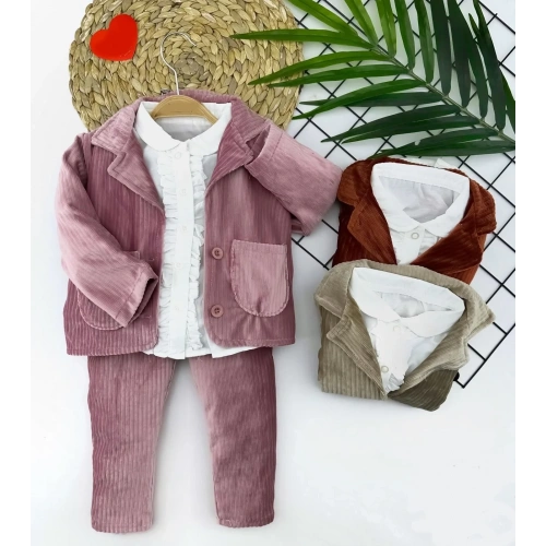 2-3-4-5 Yaş Düğme Kapamalı Fırfır Gömlekli Kadife Ceket Pantolon 3lü Kız Bebek Takımı Bej