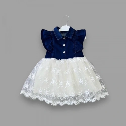 2-3-4 Yaş Astarlı Brode Etekli Kot Kumaş Düğmeli Kız Çocuk Elbisesi Mavi