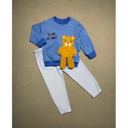 2-3-4 Yaş Ayıcık Sallanan Ayak Desenli Likra Penye Kumaş Sweat Pantolonlu Kız Erkek 2li Çocuk Takımı İndigo