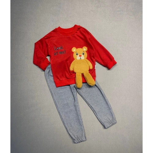 2-3-4 Yaş Ayıcık Sallanan Ayak Desenli Likra Penye Kumaş Sweat Pantolonlu Kız Erkek 2li Çocuk Takımı Kırmızı