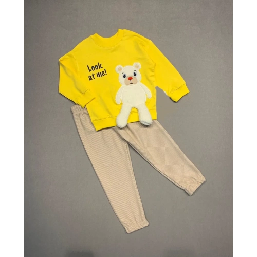 2-3-4 Yaş Ayıcık Sallanan Ayak Desenli Likra Penye Kumaş Sweat Pantolonlu Kız Erkek 2li Çocuk Takımı Sarı