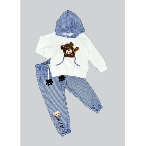 2-3-4 Yaş Pelüş Ayı Desenli Kapşonlu Uzun Kollu Penye Sweat 2li Erkek Çocuk Takımı Ekru