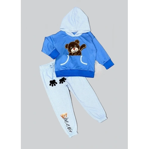 2-3-4 Yaş Pelüş Ayı Desenli Kapşonlu Uzun Kollu Penye Sweat 2li Erkek Çocuk Takımı İndigo