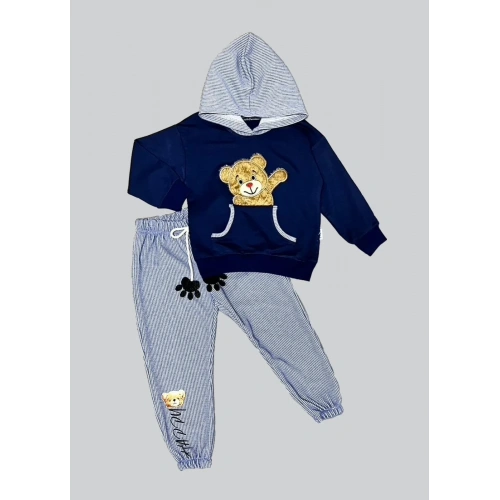 2-3-4 Yaş Pelüş Ayı Desenli Kapşonlu Uzun Kollu Penye Sweat 2li Erkek Çocuk Takımı Lacivert