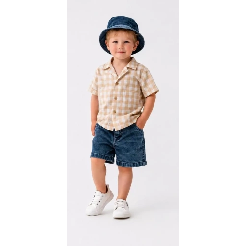 2/6 Yaş Denim Şapkalı Şortlu 3lü Çocuk Takımı