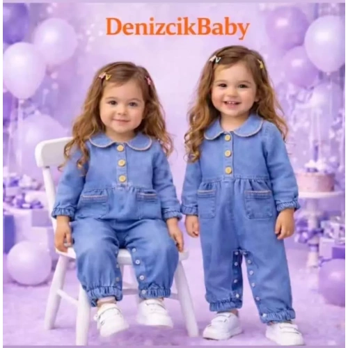 3-12 Ay Düğme Detaylı Kot Bebek Tulumu