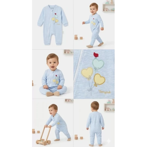 3/12 Ay Kalp Balonlar Nakışlı Bebek Tulumu