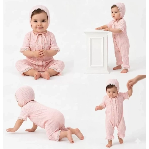 3/12 Ay Şapkalı Dantelli Jakar Kumaş Bebek Tulumu