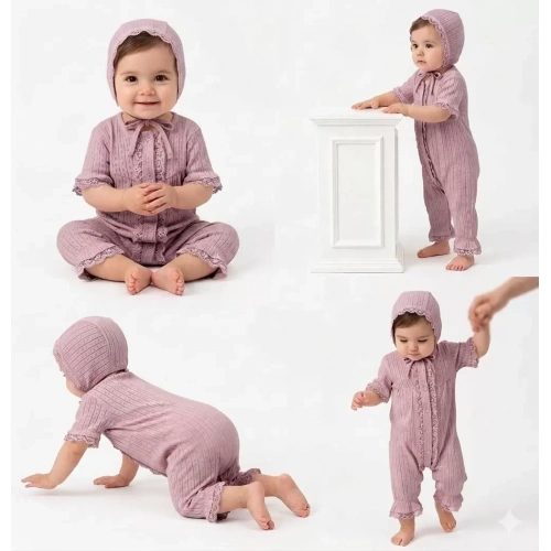 3/12 Ay Şapkalı Dantelli Jakar Kumaş Bebek Tulumu