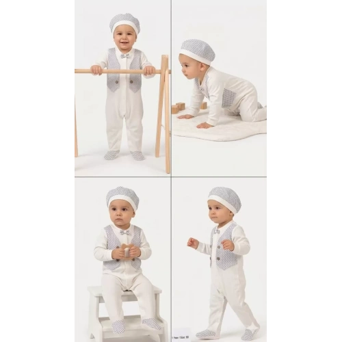 3/12 Ay Şapkalı Sahte Yelekli Bebek Tulumu