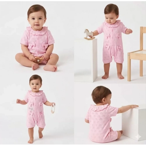 3/12 Ay Yakalı Fiyonklu Jakar Kumaş Bebek Tulumu