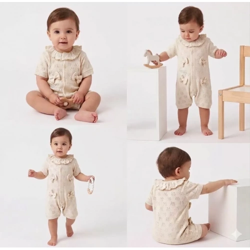 3/12 Ay Yakalı Fiyonklu Jakar Kumaş Bebek Tulumu