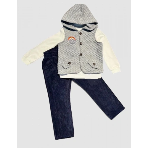 3-4-5 Yaş Fitilli Kadife Pantolon Kapitone Kapşonlu Yelek Uzun Kollu Sweat 3lü Erkek Çocuk Takımı Gri