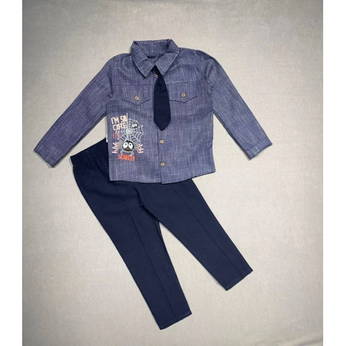 3-4-5 Yaş Kravatlı Keten Gömlek Gabardin Pantolon Uzun Kollu 3lü Erkek Çocuk Takımı Lacivert
