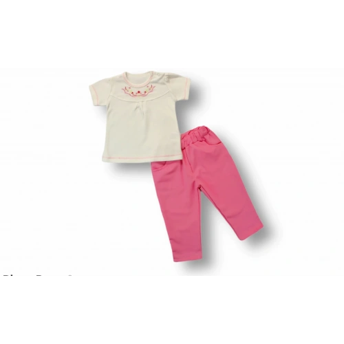 3-6 6-9 9-12 12-18 Ay Anadolu Çiçeği Nakışlı Kısa Kollu Sweatli 2li Kız Bebek Takımı Pembe