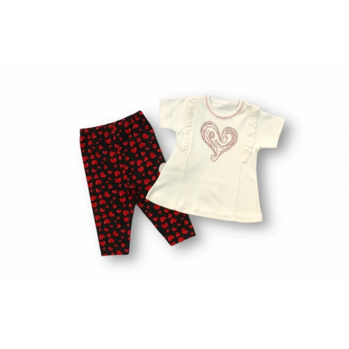 3-6 6-9 9-12 12-18 Ay Kalp Baskılı Uzun Kollu Sweatli 2li Kız Bebek Takımı Ekru