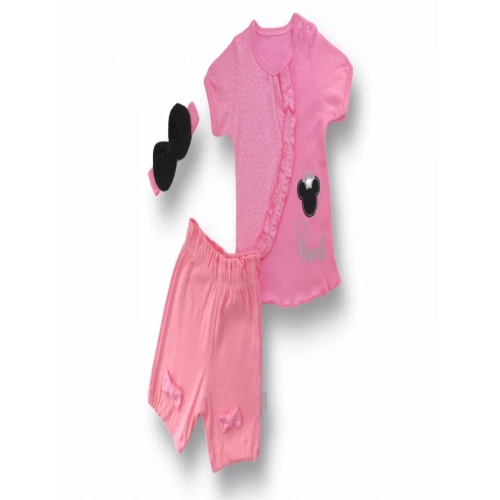 3-6 6-9 9-12 12-18 Ay Princess Taçlı Mickey Nakışlı Şort Tişört 3lü Kız Bebek Takımı Pembe