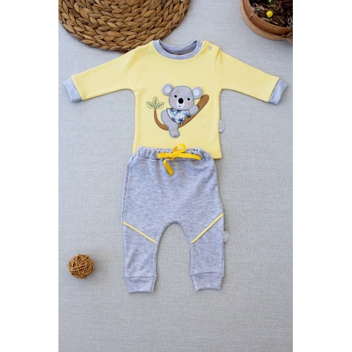 3-6 6-9 9-12 12-18 Ay Yavru Koala Nakışlı Uzun Kollu Sweat 2li Kız Erkek Bebek Takımı Sarı