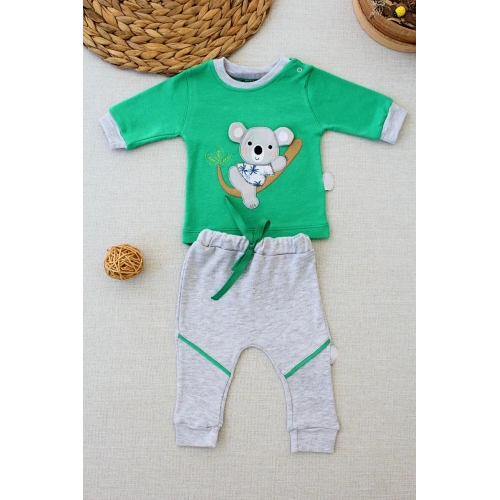 3-6 6-9 9-12 12-18 Ay Yavru Koala Nakışlı Uzun Kollu Sweat 2li Kız Erkek Bebek Takımı Yeşil