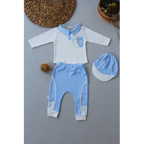 3-6 6-9 9-12 Ay Efendi Nakışlı Cep Şapkalı Uzun Kollu Sweat 3lü Erkek Bebek Takımı Mavi