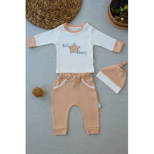 3-6 6-9 9-12 Ay Full Star Nakışlı Şapkalı Uzun Kollu Sweat 3lü Erkek Bebek Takımı Buğday