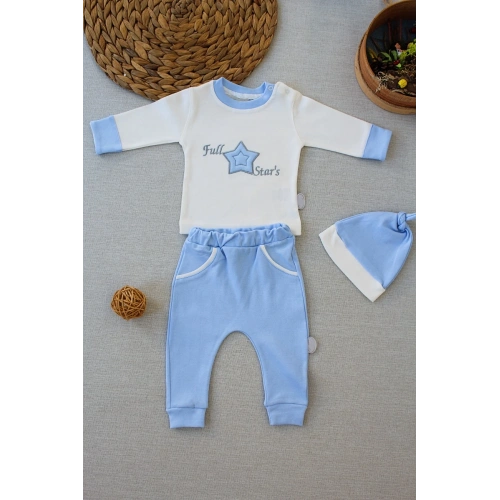 3-6 6-9 9-12 Ay Full Star Nakışlı Şapkalı Uzun Kollu Sweat 3lü Erkek Bebek Takımı Mavi