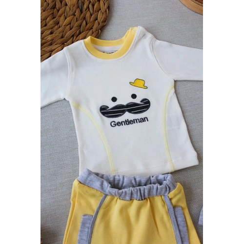 3-6 6-9 9-12 Ay Gentleman Erkek Nakışlı Şapkalı Uzun Kollu Sweat 3lü Erkek Bebek Takımı Sarı