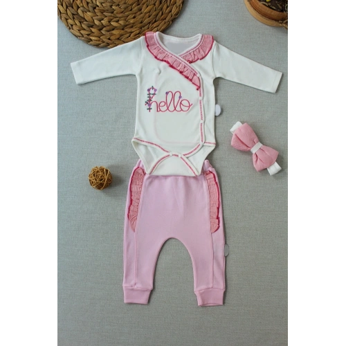 3-6 6-9 9-12 Ay Hello Nakışlı Kruvaze Bandanalı Uzun Kollu Zıbınlı 3lü Kız Bebek Takımı Pembe