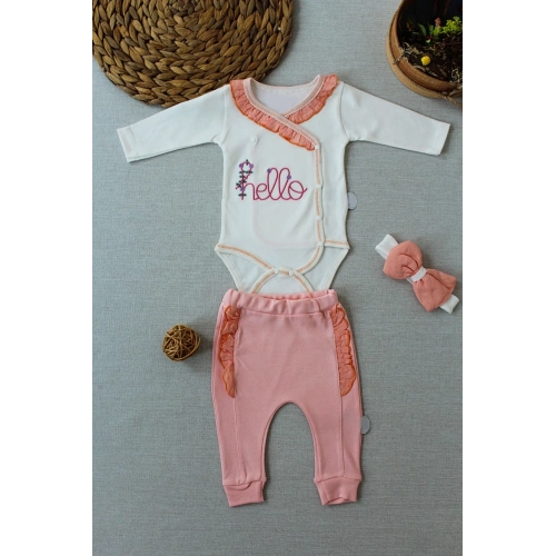 3-6 6-9 9-12 Ay Hello Nakışlı Kruvaze Bandanalı Uzun Kollu Zıbınlı 3lü Kız Bebek Takımı Somon