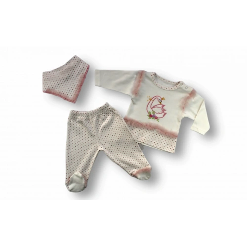 3-6 6-9 9-12 Ay Kraliçe Kuğu Nakışlı Bandajlı Uzun Kollu Sweatli 3lü Kız Bebek Takımı Ekru