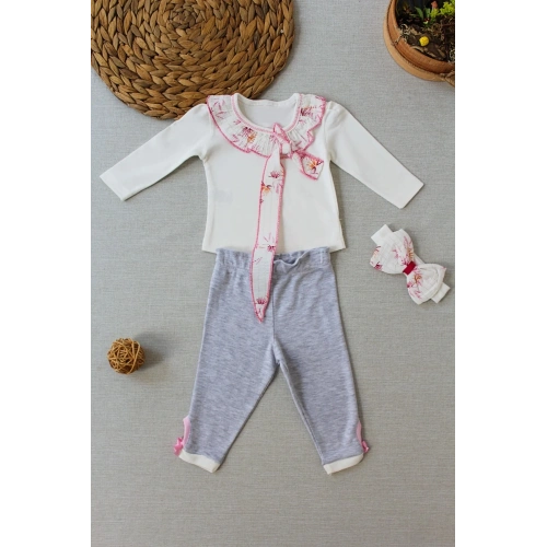 3-6 6-9 9-12 Ay Matmazel Yaka Fırfır Detaylı Bandanalı Uzun Kollu Sweat 3lü Kız Bebek Takımı Ekru