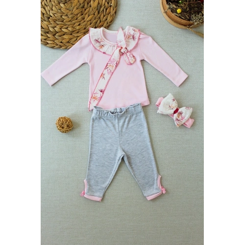 3-6 6-9 9-12 Ay Matmazel Yaka Fırfır Detaylı Bandanalı Uzun Kollu Sweat 3lü Kız Bebek Takımı Pembe
