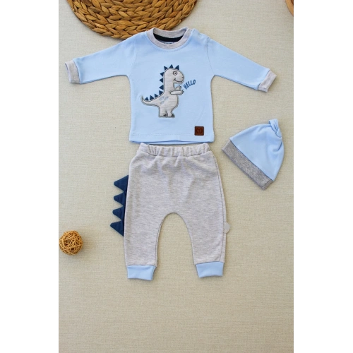 3-6 6-9 9-12 Ay Minik Dino Nakışlı Şapkalı Uzun Kollu Sweat 3lü Kız-erkek Bebek Takımı Mavi