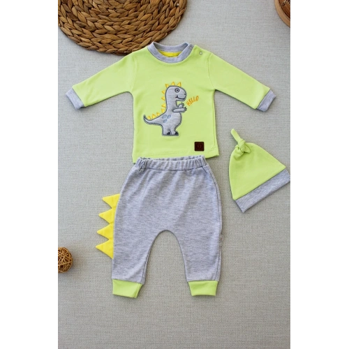 3-6 6-9 9-12 Ay Minik Dino Nakışlı Şapkalı Uzun Kollu Sweat 3lü Kız-erkek Bebek Takımı Yeşil