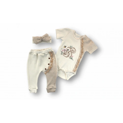 3-6 6-9 9-12 Ay Minik Sincap Nakışlı Şapkalı Uzun Kollu Zıbınlı 3lü Kız Bebek Takımı Kahverengi