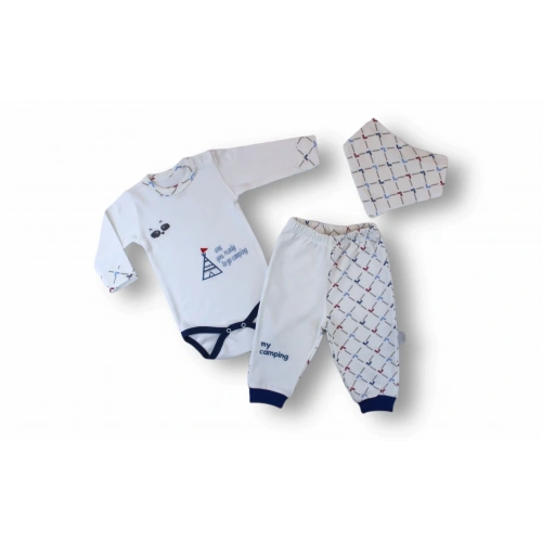 3-6 6-9 9-12 Ay My Camping Nakışlı Bandajlı Uzun Kollu Zıbınlı 3lü Erkek Bebek Takımı Ekru
