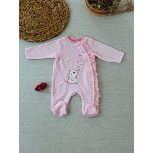 3-6 6-9 9-12 Ay Romantik Fil Nakışlı Pembe Süslü Kız Bebek Tulumu Pembe