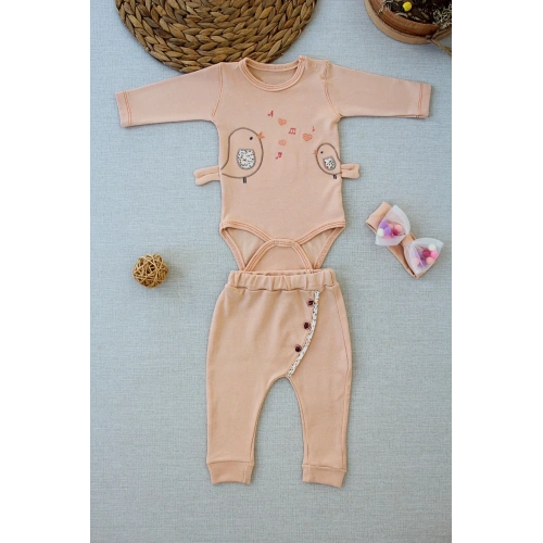 3-6 6-9 9-12 Ay Şarkıcı Kuşlar Nakışlı Bandanalı Uzun Kollu Zıbınlı 3lü Kız Bebek Takımı Buğday