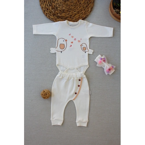 3-6 6-9 9-12 Ay Şarkıcı Kuşlar Nakışlı Bandanalı Uzun Kollu Zıbınlı 3lü Kız Bebek Takımı Ekru