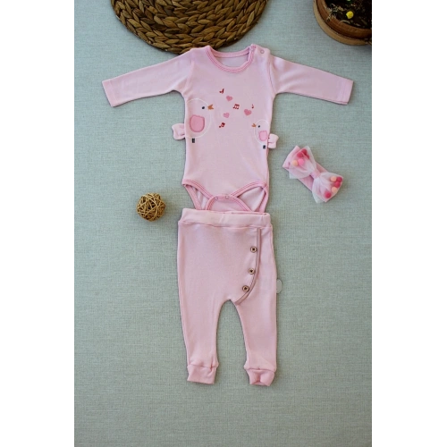 3-6 6-9 9-12 Ay Şarkıcı Kuşlar Nakışlı Bandanalı Uzun Kollu Zıbınlı 3lü Kız Bebek Takımı Pembe